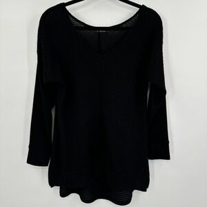 Sympli Split Decision Sweater Women's 8‎ Black Waffle Knit Deep V Neck Pullover